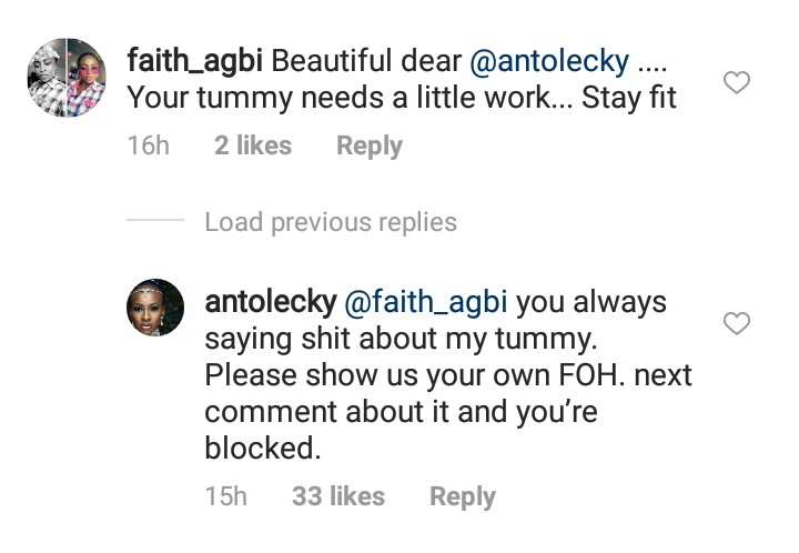 Anto Lecky replies follower who body shamed her and told her to work out more