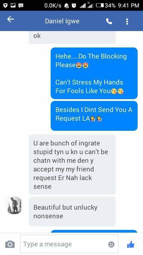 Nigerian Lady shares chat she had with a man who rained insults on her for ignoring his messages after accepting his friend request