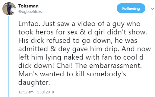 Man hospitalized for stubborn erection after he took herbs for s*x and the girl didn't show up