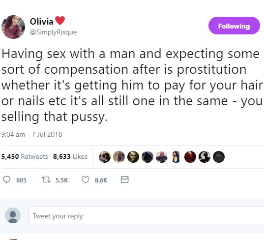 'Having S*x With A Man And Expecting Compensation After Is Prostitution' - Nigerian Lady, Says