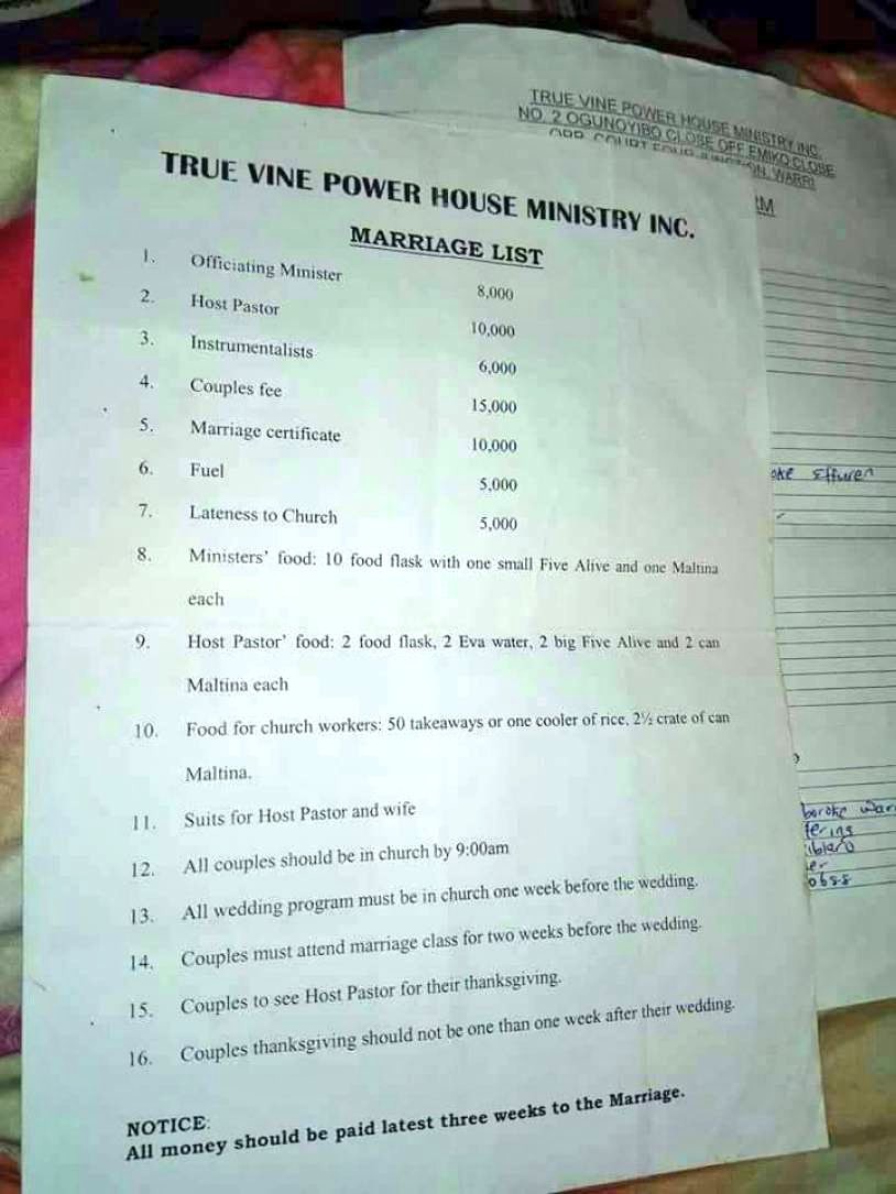 Check out marriage list a church in Warri presents to intending couples