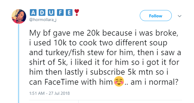 Nigerian Lady shares how she spent the N20k her boyfriend gave her when she complained she was broke