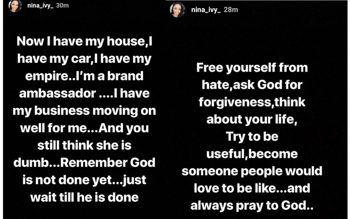 'You Call Me Dumb & Naive, But I Have A Car, House & Business'- Nina rants on IG