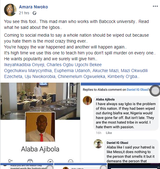Babcock University staff goes on a rant; says Igbos should have been wiped out during the Biafran war