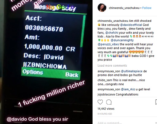 #AZA: Davido Dashes Fan N1,000,000m On IG