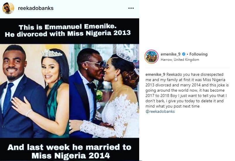 Footballer Emmanuel Emenike issues warning to Reekado Banks for sharing fake viral post about him divorcing ex-MBGN Iheoma Nnadi