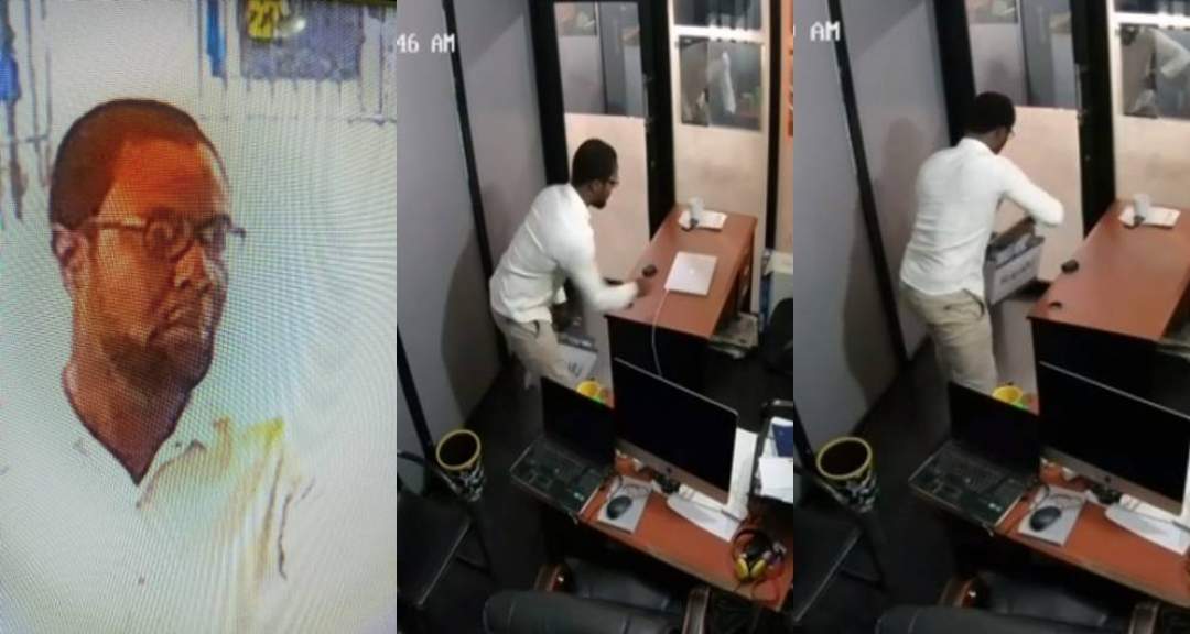 Guest caught on camera stealing a Macbook pro at City FM Lagos (Photos+Video)
