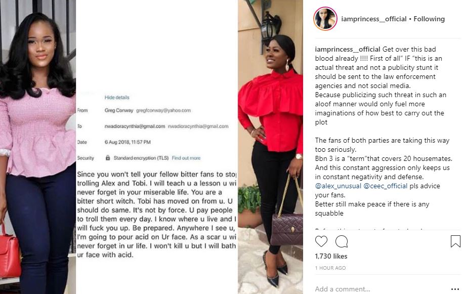 Princess reacts to Cee-c's acid threat says it's a publicity stunt
