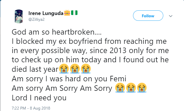 Lady who blocked her ex-boyfriend from reaching her since 2013 is heartbroken after finding out he died last year