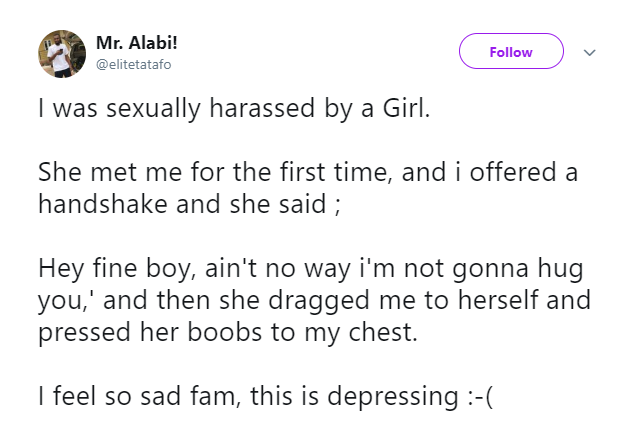 Nigerian man says he was left depressed after a lady sexually harassed him by pressing her boobs on his chest