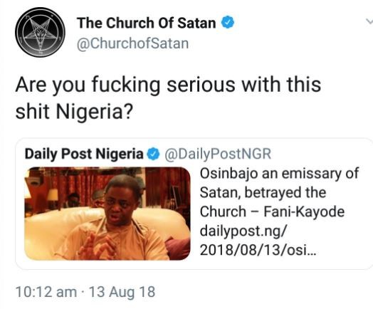 Church of Satan reacts after Femi Fani-Kayode calls Osinbajo an emissary of Satan