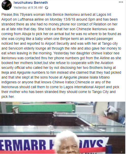 Children abandon their 78-yr-old mom at the Lagos airport