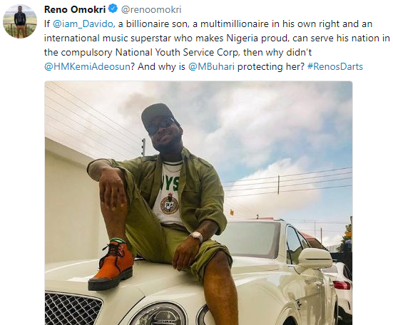 Reno Omokri takes a swipe at Buhari and Kemi Adeosun as Davido begins NYSC