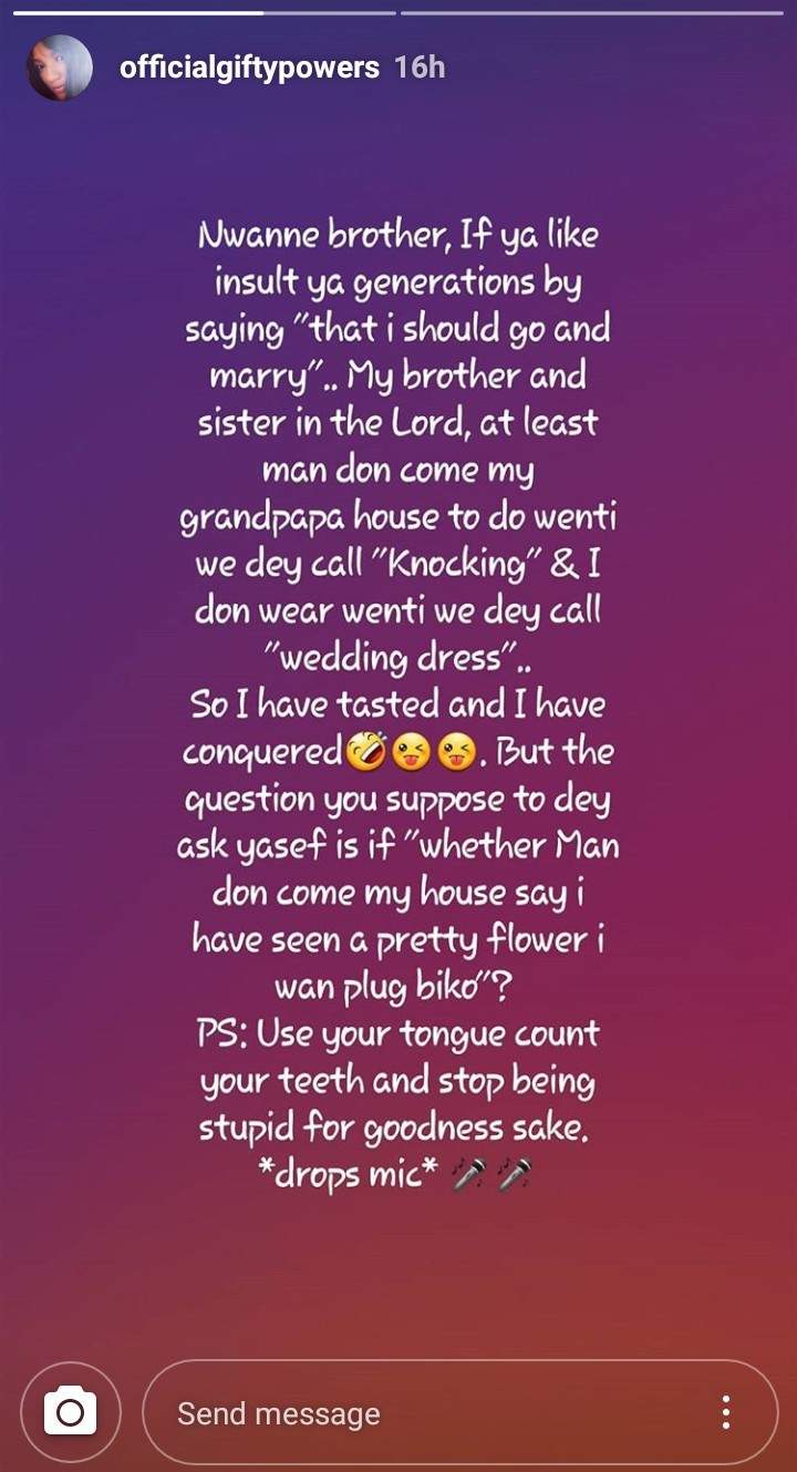 Gifty Powers has a response for people telling her to go and marry