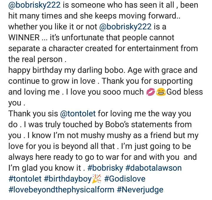 Dabota Lawson refers to Bobrisky in the feminine form as she showers him with glowing words