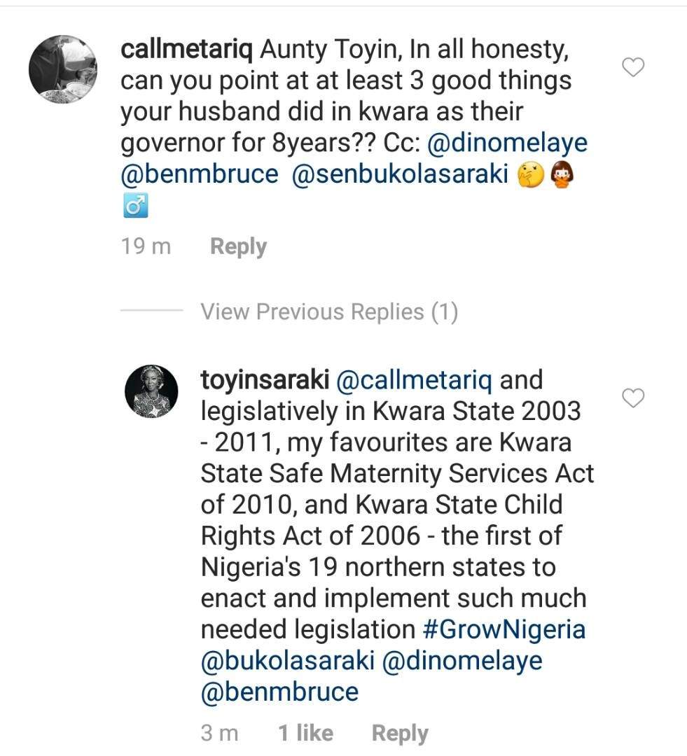 Toyin Saraki replies IG user who asked her what her husband did during his 8-year tenure as governor of Kwara state