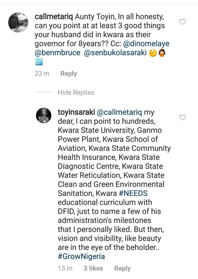 Toyin Saraki replies IG user who asked her what her husband did during his 8-year tenure as governor of Kwara state