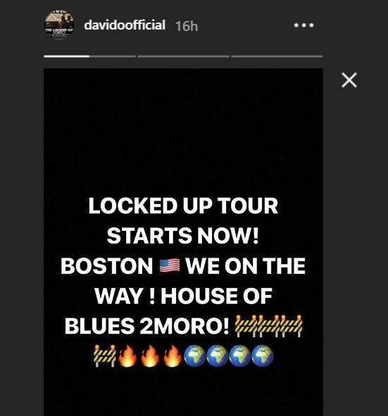 Davido heads to Boston for his US tour just days after registering for NYSC in Lagos