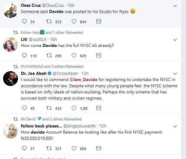 Nigerians React To Davido Going For His NYSC, Feminist Blasts Chioma For 'Dropping Out (Screenshots)