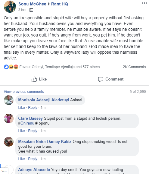 Only a stupid wife will buy property without first asking her husband - Nigerian man