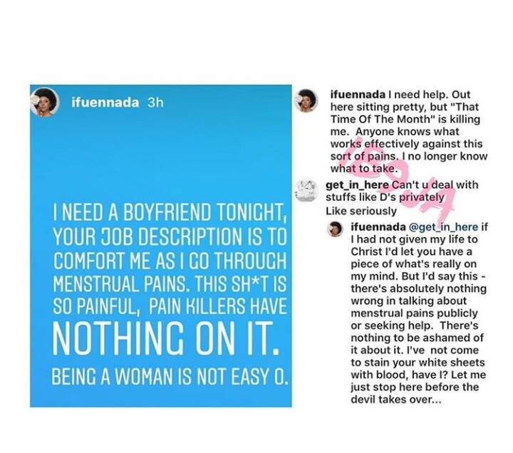 Ifu Ennada berated for lamenting over her 'menstrual pains'