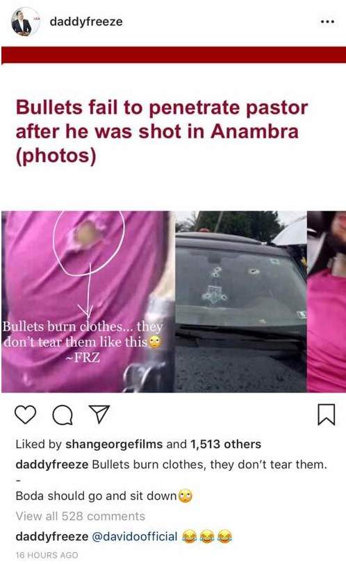 Daddy Freeze, Davido reacts to news of pastor who was shot 35 times but no bullets penetrated his body