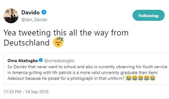 Between Davido and a troll who accused him of posing for photos in NYSC uniform without going to school