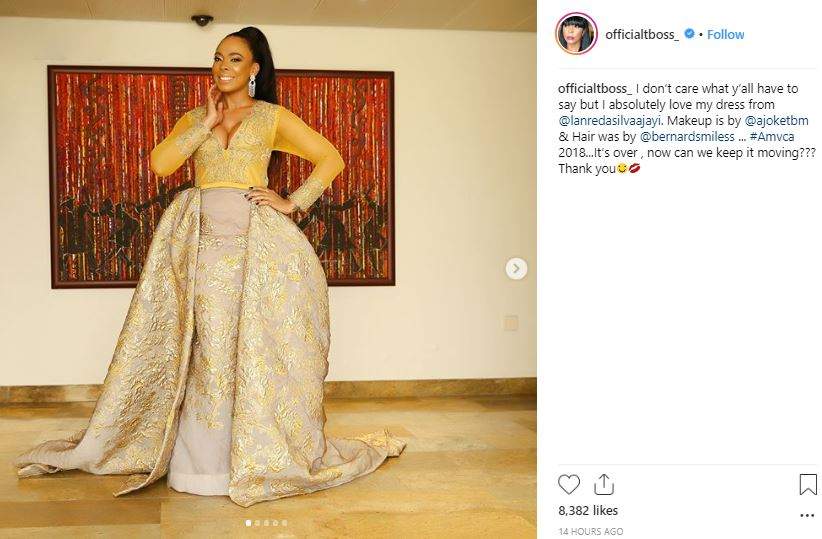 TBoss reacts after being tagged among the worst dressed at the 2018 AMVCA