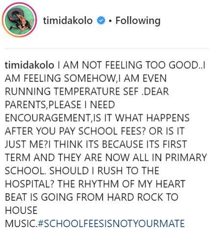 Hilarious: Timi Dakolo 'Falls Sick' After Paying His Three Children's School Fees (Photo)