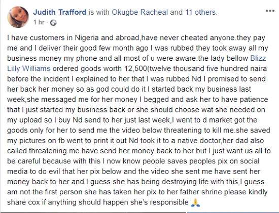 Lady cries out after her client took her pictures to a shrine in Edo state (photos/video)