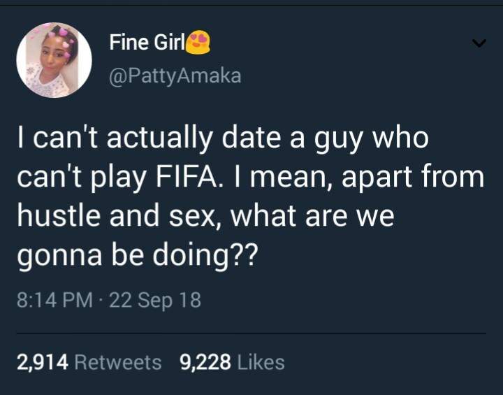 'I can't date a guy who can't play Fifa' - Nigerian Lady Says