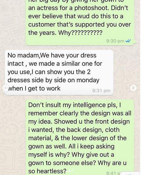 Lady heartbroken after tailor allegedly gave out her wedding anniversary dress for a photoshoot