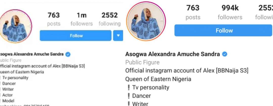 BBN's star Alex reacts to losing thousands of IG followers few hours after reaching 1million