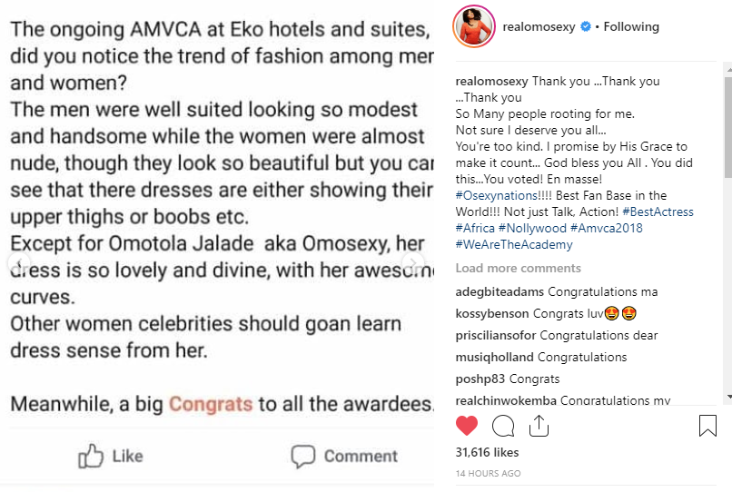 Actress Omotola Jalade shades half naked women at the AMVCA 2018 with a fan's post