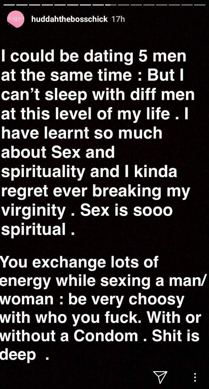 I regret losing my virginity. I can date 5 men at once and I love D*ck - Kenyan socialite, Huddah Monroe