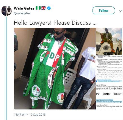 Davido is flouting NYSC rules by wearing PDP uniforms - Wale Gates