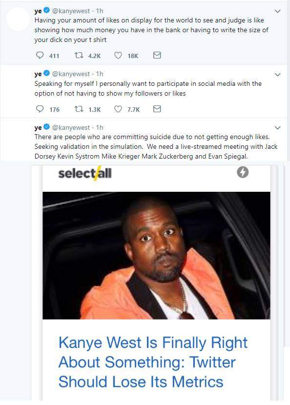 People are committing suicide for not getting enough likes on social media - Kanye West