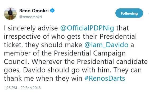 'I sincerely advise PDP to make Davido a member of the Presidential Campaign Council' - Reno Omokri