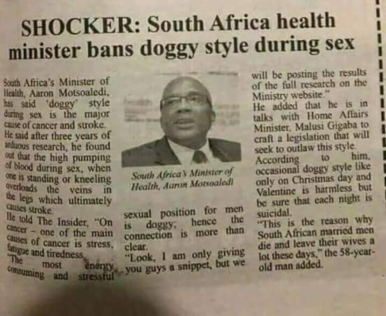 See Reason Minister Of Health Banned Doggy Style During S*x (Photo)