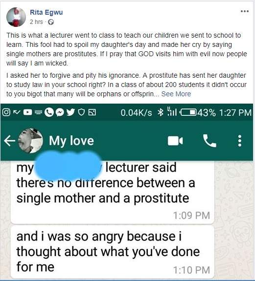 Nigerian single mom furious at her daughter's lecturer for saying all single moms are prostitutes