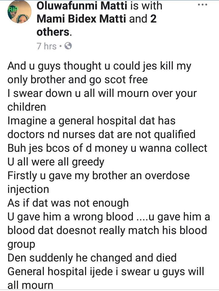 Lady Calls Out Hospital For Giving Her Brother Wrong Blood Which Led To His Death