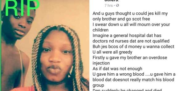 Lady Calls Out Hospital For Giving Her Brother Wrong Blood Which Led To His Death