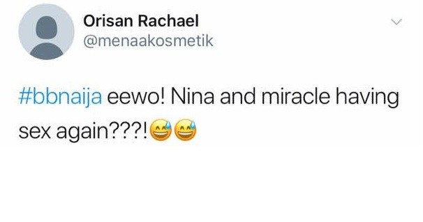 #BBNaija: Miracle and Nina caught having sex again and Tobi saw them