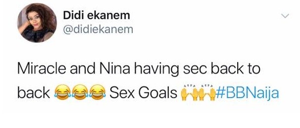 #BBNaija: Miracle and Nina caught having sex again and Tobi saw them