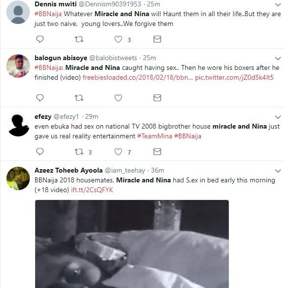 #BBNaija: Nigerians react to Nina and Miracle having sex