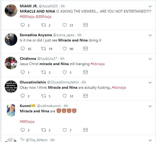 Bbnaija Nigerians React To Nina And Miracle Having Sex Torizone 