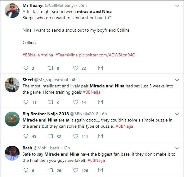 #BBNaija: Nigerians react to Nina and Miracle having sex