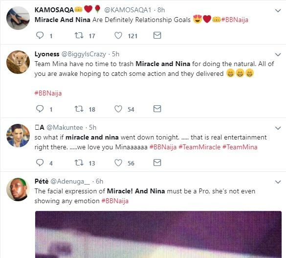 #BBNaija: Nigerians react to Nina and Miracle having sex