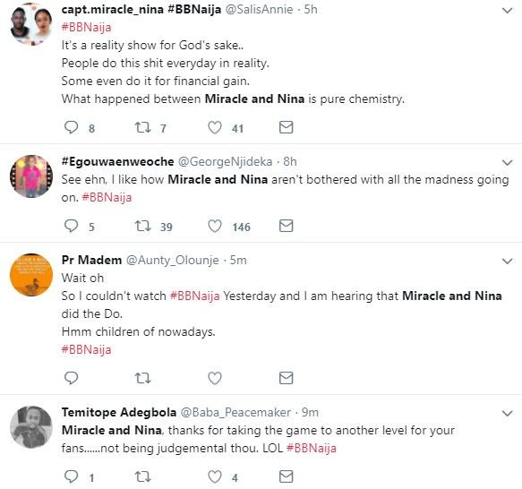 #BBNaija: Nigerians react to Nina and Miracle having sex