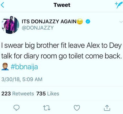#BBNaija 2018: Don Jazzy Hilariously Slams Alex Over Her Diary Sessions